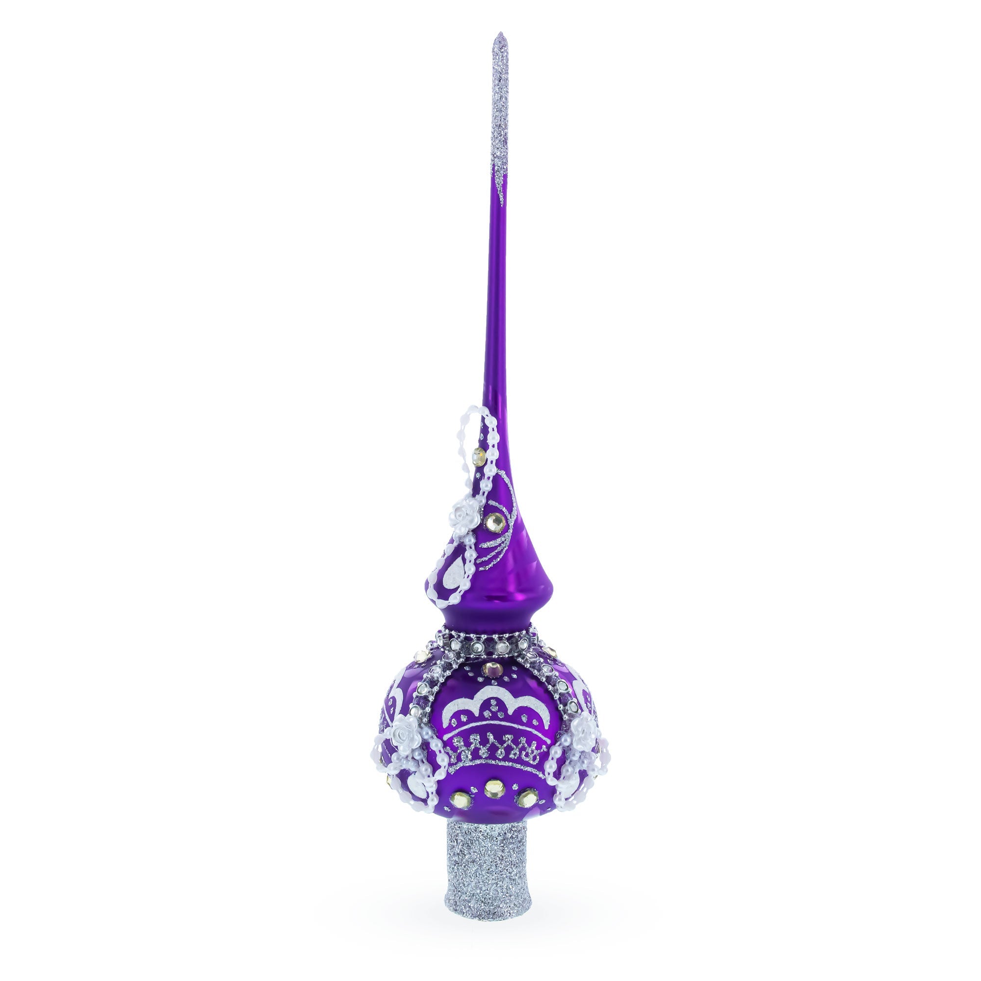 Dimensional White Roses on Purple Glass Christmas Tree Topper 11 Inches