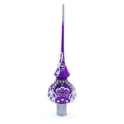 Dimensional White Roses on Purple Glass Christmas Tree Topper 11 Inches