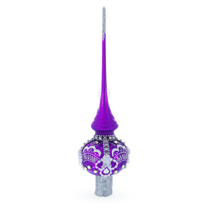 Dimensional White Roses on Purple Glass Christmas Tree Topper 11 Inches
