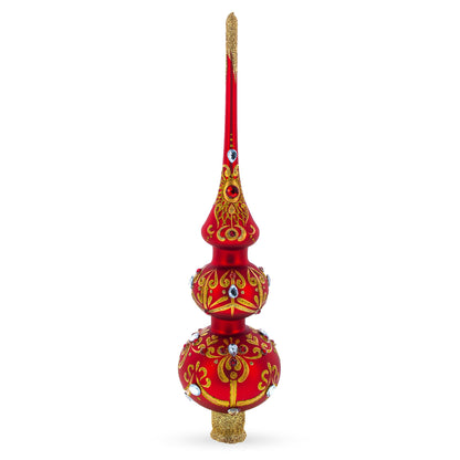White and Red Jewels with Golden Trellis on Red Glass Christmas Tree Topper 12.5 Inches