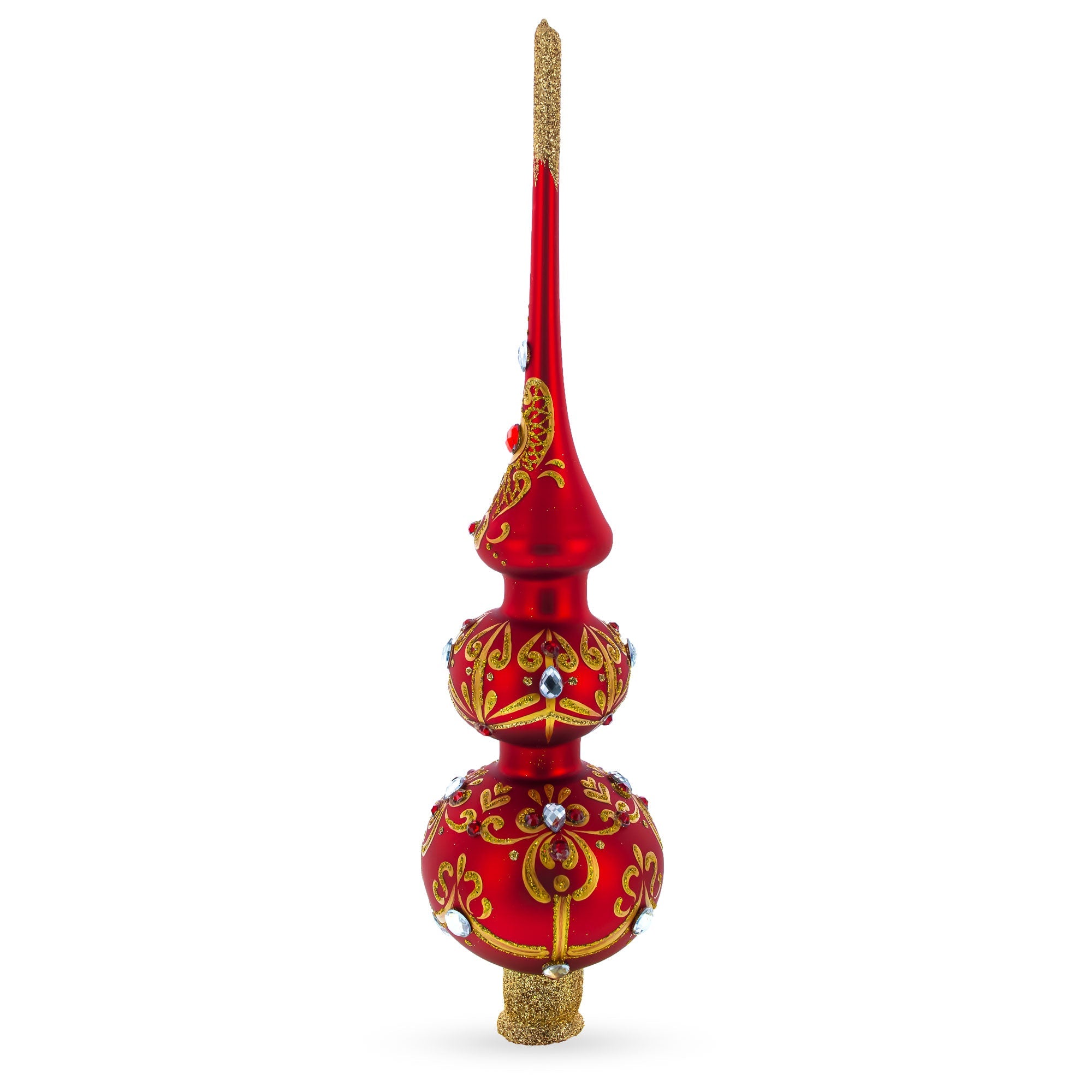 White and Red Jewels with Golden Trellis on Red Glass Christmas Tree Topper 12.5 Inches