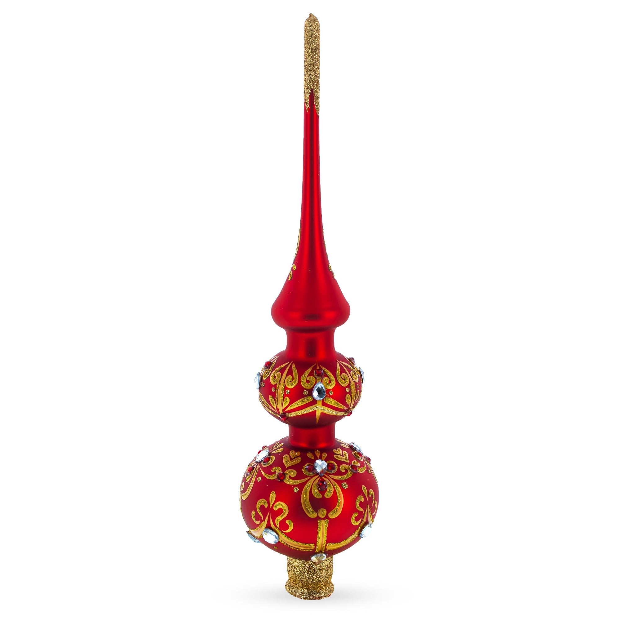 White and Red Jewels with Golden Trellis on Red Glass Christmas Tree Topper 12.5 Inches