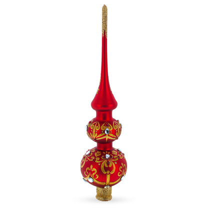 White and Red Jewels with Golden Trellis on Red Glass Christmas Tree Topper 12.5 Inches