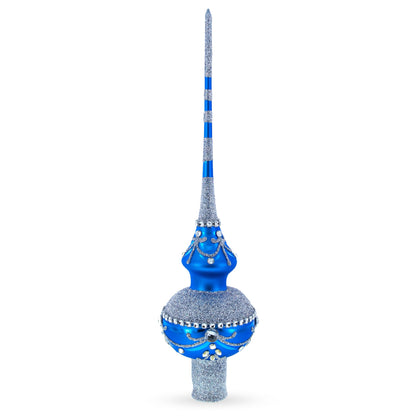 White Jewels and Silver on Blue Glass Christmas Tree Topper 11 Inches