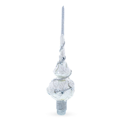 White Roses with Leaves on White Glass Christmas Tree Topper 11 Inches