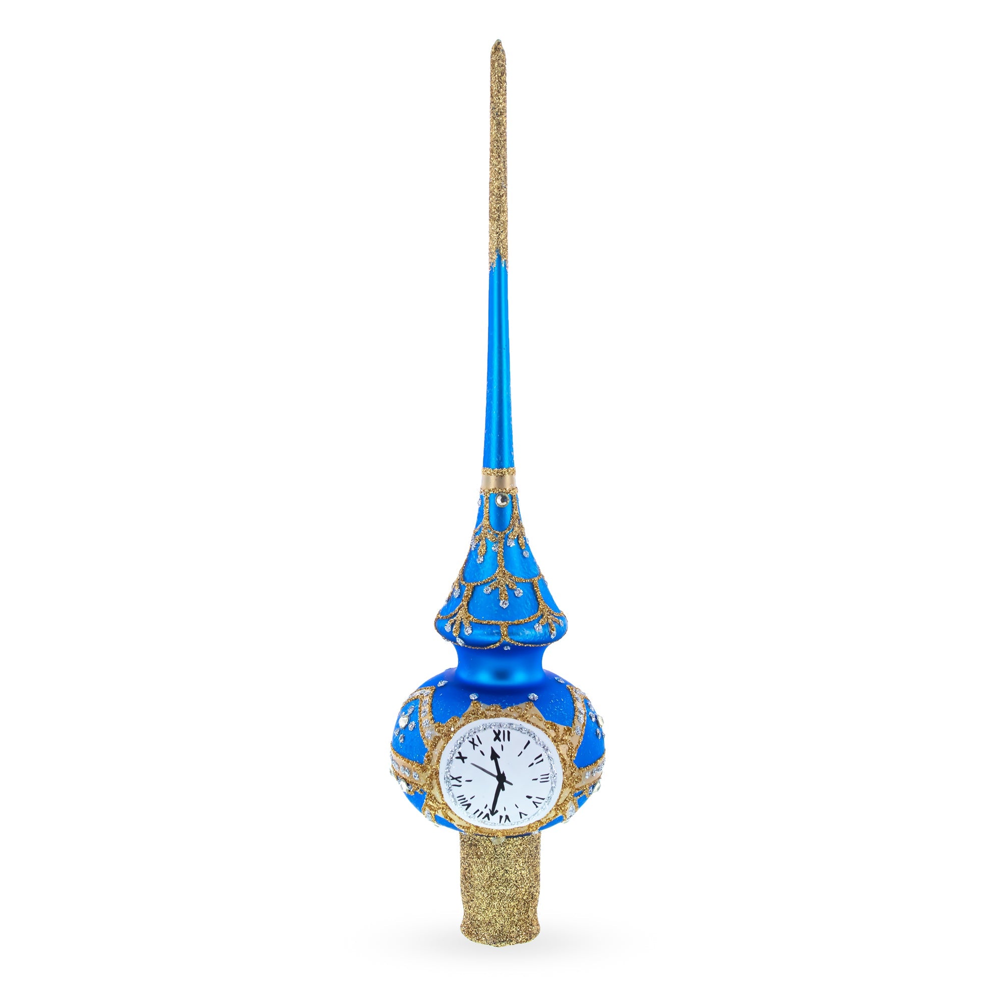 White Dial Clock on Blue and Gold Glass Christmas Tree Topper 11 Inches BestPysanky