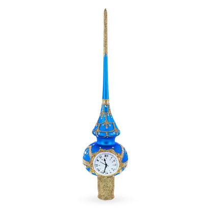 White Dial Clock on Blue and Gold Glass Christmas Tree Topper 11 Inches BestPysanky