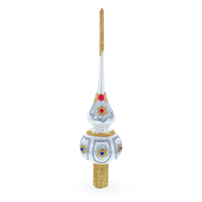 Dimensional Blue and Red Jewels on Silver Glass Christmas Tree Topper 11 Inches