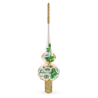 White Flowers Bouquet on Beige Glass Christmas Tree Topper 11 Inches