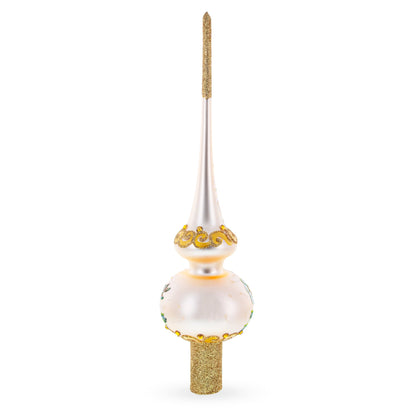 White Flowers Bouquet on Beige Glass Christmas Tree Topper 11 Inches