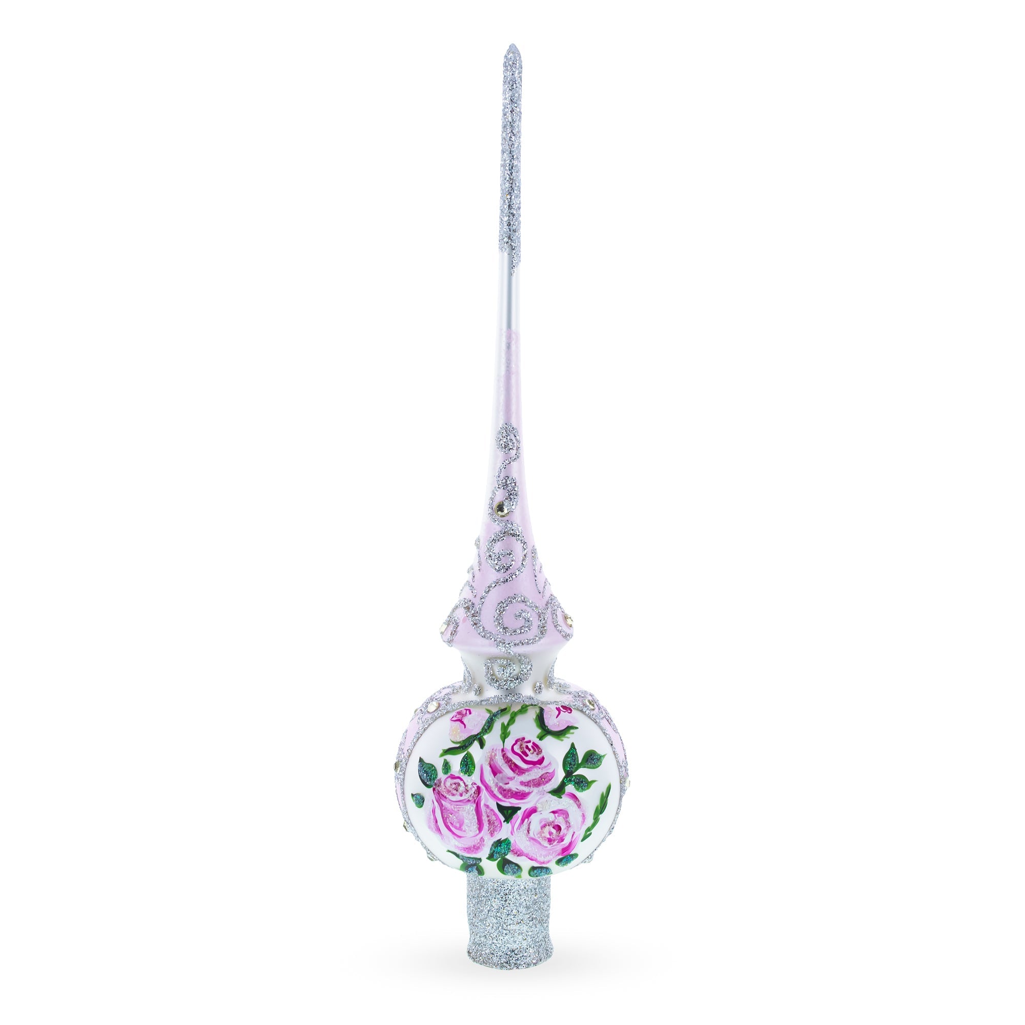 Pink Flowers Bouquet on Silver Glass Christmas Tree Topper 11 Inches