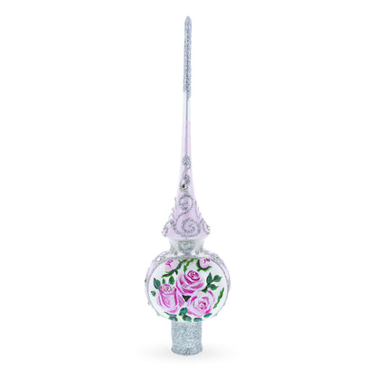 Pink Flowers Bouquet on Silver Glass Christmas Tree Topper 11 Inches