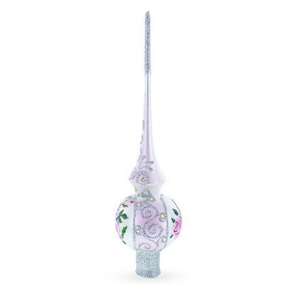 Pink Flowers Bouquet on Silver Glass Christmas Tree Topper 11 Inches