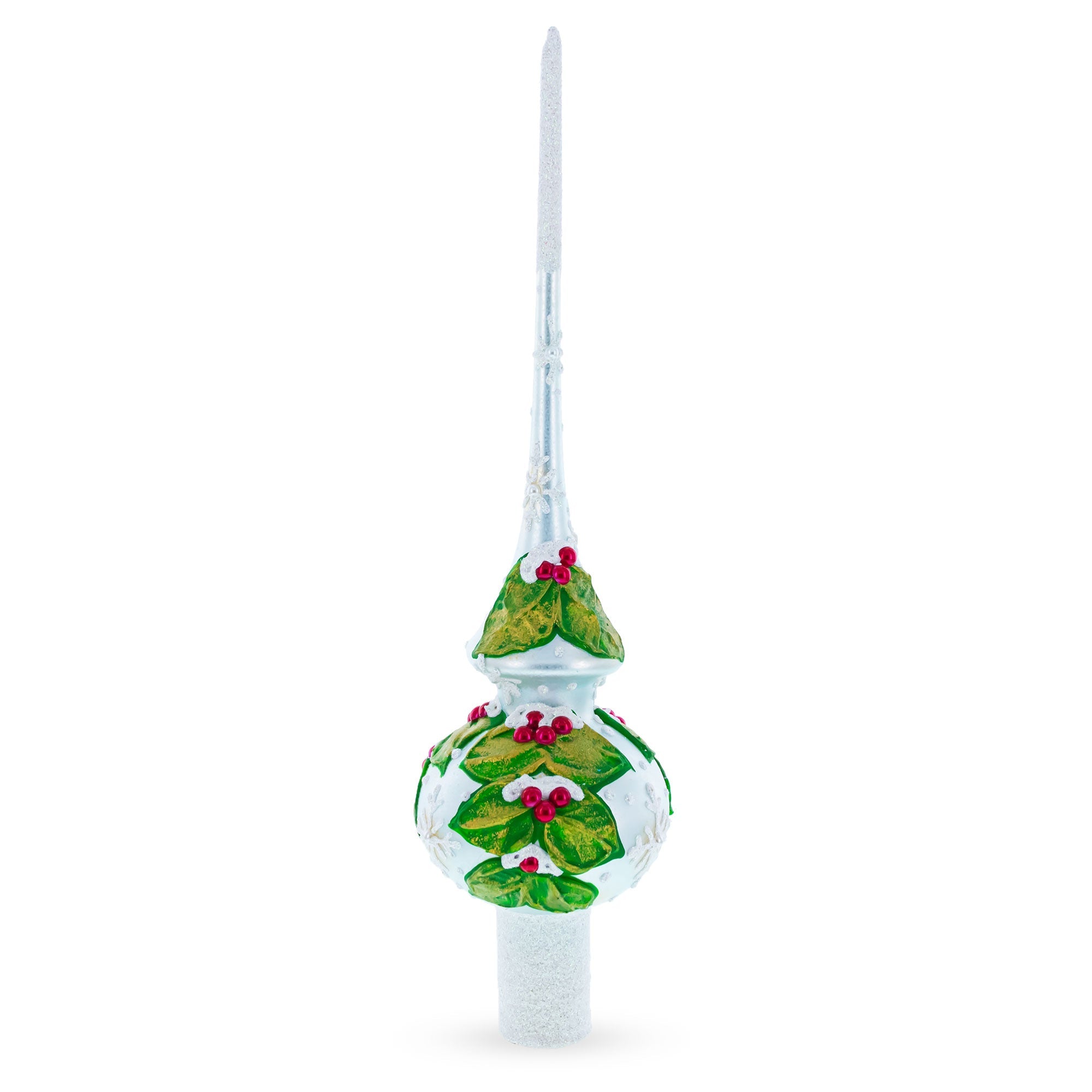 Dimensional Red Berries with Leaves on White Glass Christmas Tree Topper 11 Inches