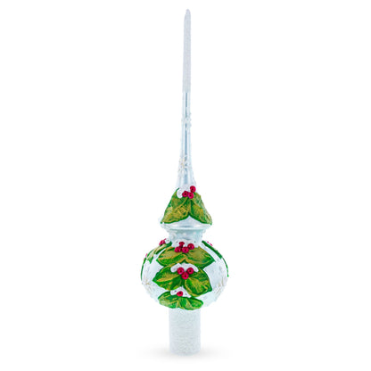 Dimensional Red Berries with Leaves on White Glass Christmas Tree Topper 11 Inches