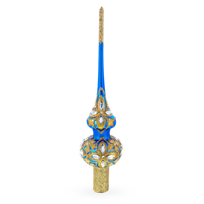 Diamond Stars on Blue and Gold Glass Christmas Tree Topper 11 Inches