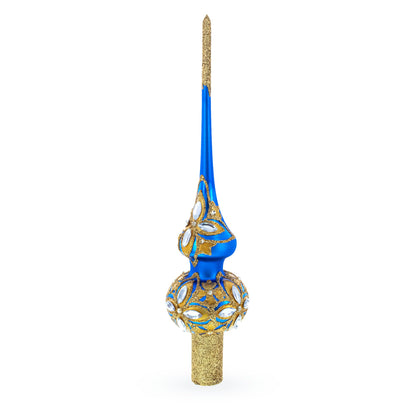 Diamond Stars on Blue and Gold Glass Christmas Tree Topper 11 Inches