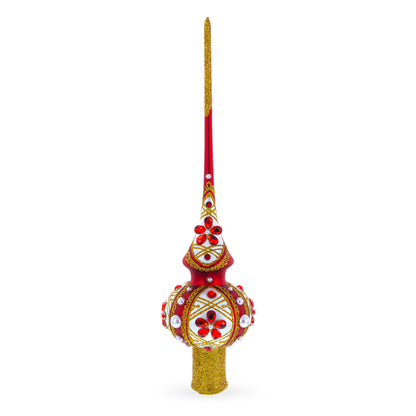 Red Jewels and White Pearls on Red Glass Christmas Tree Topper 11 Inches