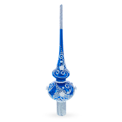 Silver Swirls on Blue Glass Tree Topper