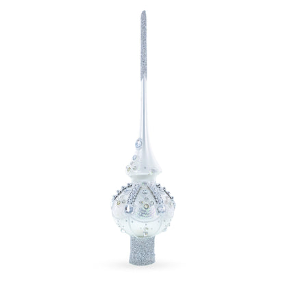 White Jewels on Silver Glass Christmas Tree Topper 11 Inches
