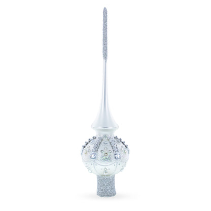 White Jewels on Silver Glass Christmas Tree Topper 11 Inches