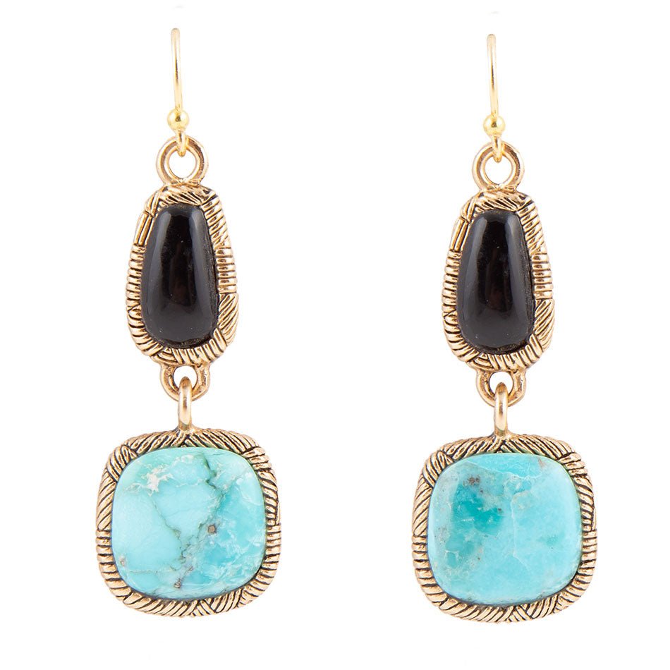Black Onyx and Blue turquoise Golden Bronze Drop Earrings Barse Jewelry