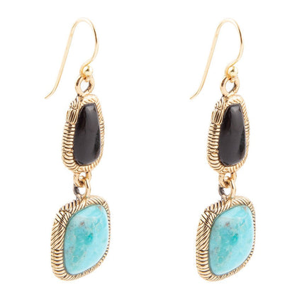 Black Onyx and Blue turquoise Golden Bronze Drop Earrings Barse Jewelry