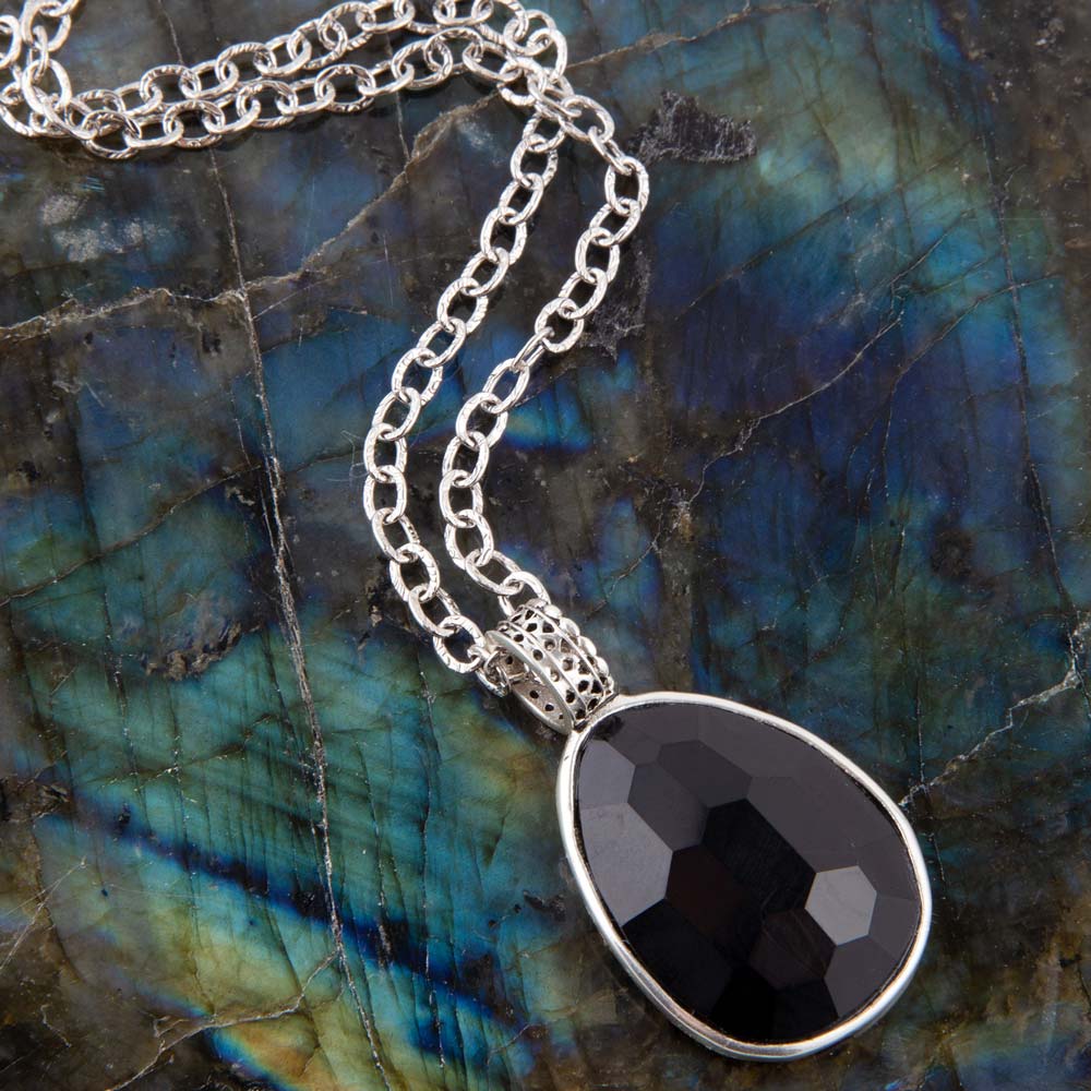 Black Onyx and Sterling Silver Teardrop Pendant Necklace Barse Jewelry