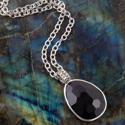 Black Onyx and Sterling Silver Teardrop Pendant Necklace Barse Jewelry