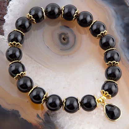 Black Onyx Gold Tone Beaded Stretch Bracelet Barse Jewelry