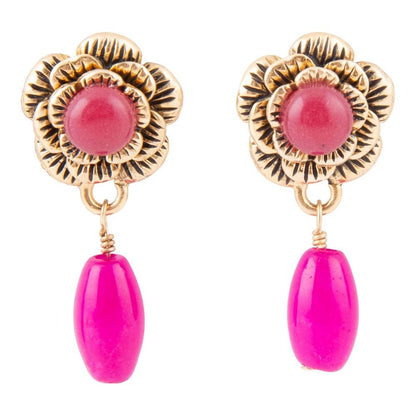 Blooming Pink Agate Post Golden Earrings Barse Jewelry