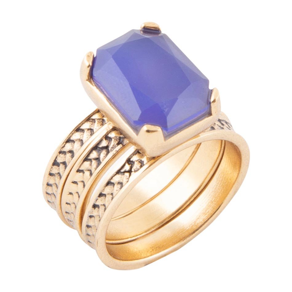 Blue Agate Stackable Golden Three Set Ring Barse Jewelry