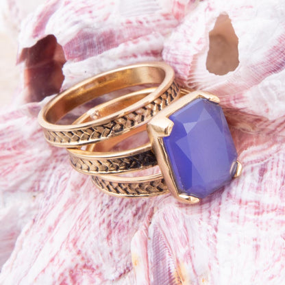 Blue Agate Stackable Golden Three Set Ring Barse Jewelry