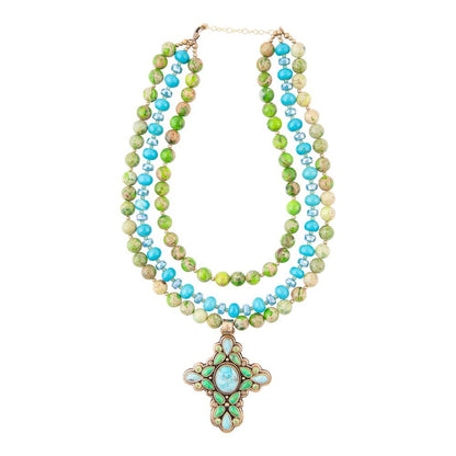 Legacy Lime Green and Blue Turquoise Golden Cross Pendant Statement Necklace Barse Jewelry