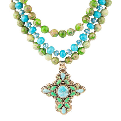 Legacy Lime Green and Blue Turquoise Golden Cross Pendant Statement Necklace Barse Jewelry
