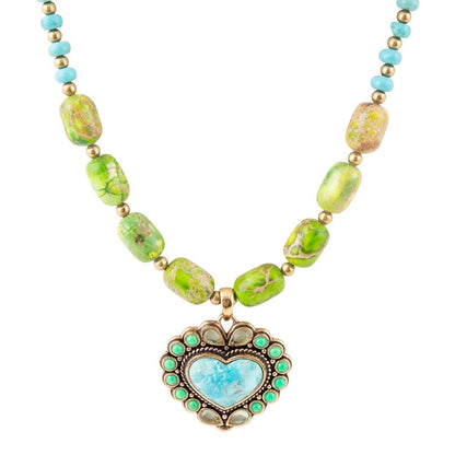 Legacy Heart Lime Green and Blue Turquoise Golden Pendant Necklace Barse Jewelry