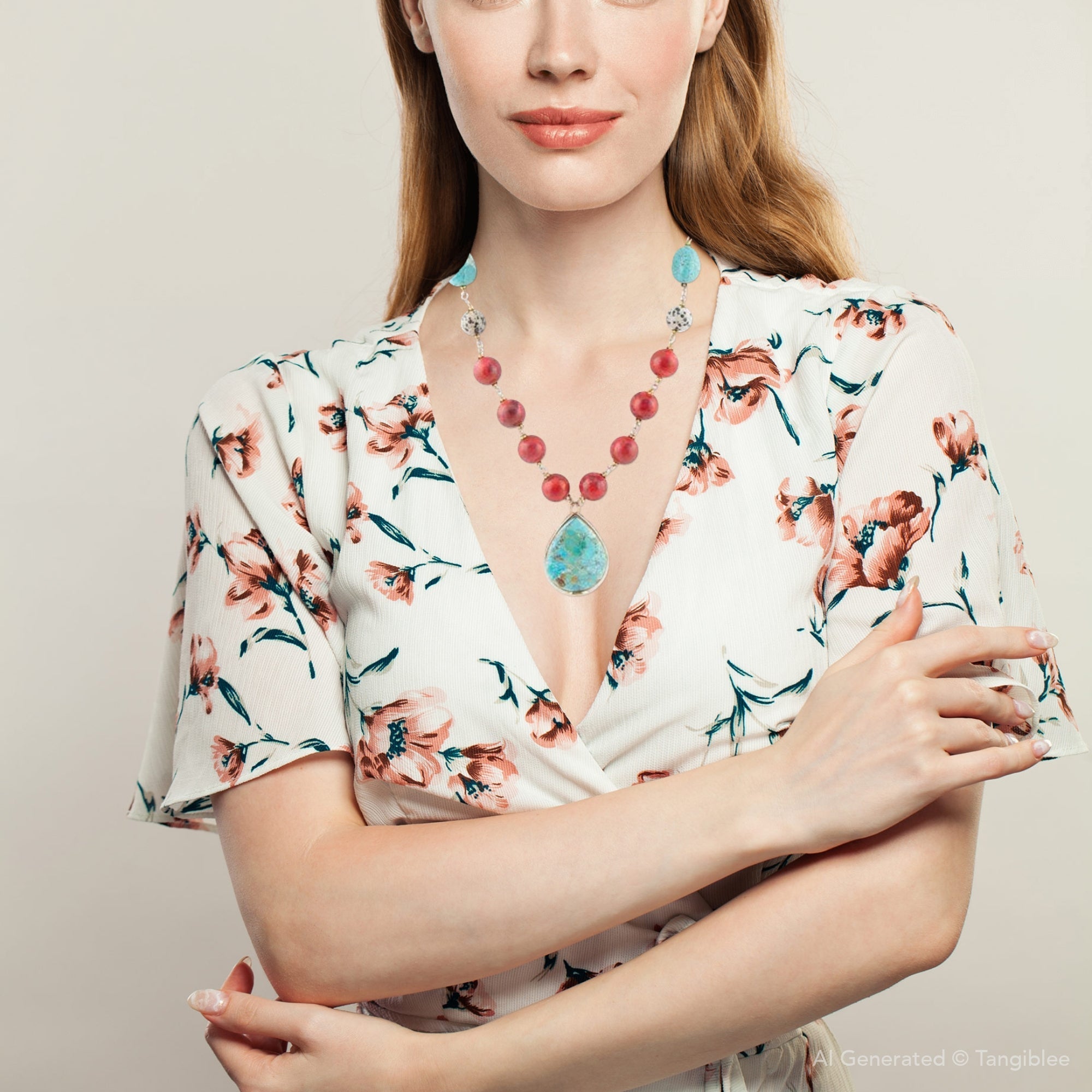 Blue and Red Turquoise Teardrop Golden Necklace Barse Jewelry