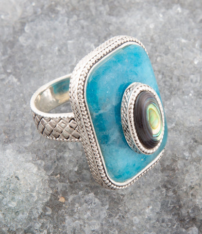 Blue Apatite and Abalone Stacked Sterling Silver Ring Barse Jewelry