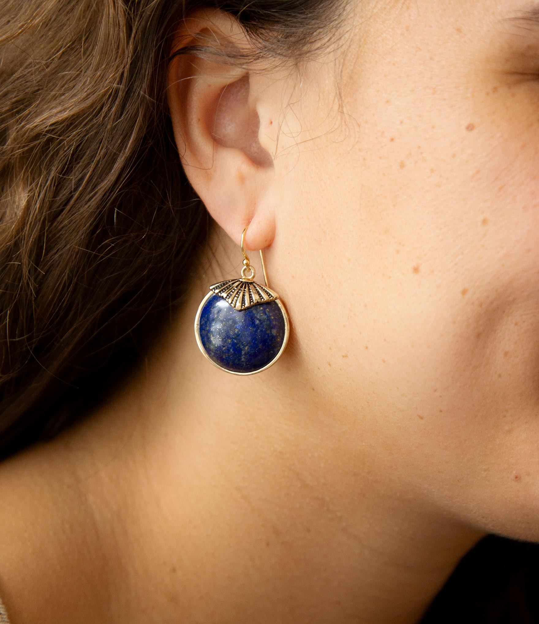 Blue Lapis Circle Golden Drop Earings Barse Jewelry