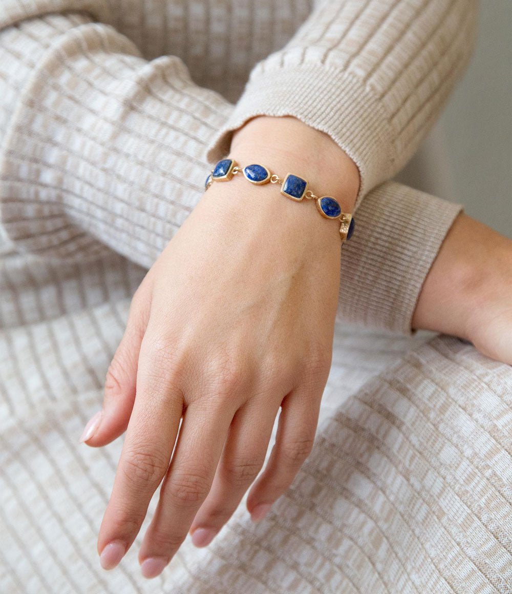 Blue Lapis Hammered Link Golden Bracelet Barse Jewelry