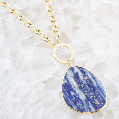Blue Lapis Slab Pendant Golden Necklace Barse Jewelry