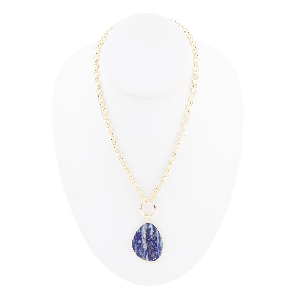 Blue Lapis Slab Pendant Golden Necklace Barse Jewelry