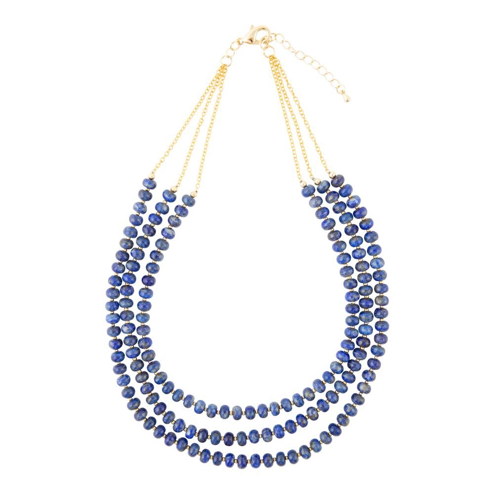 Blue Lapis Triple Strand Golden Necklace Barse Jewelry