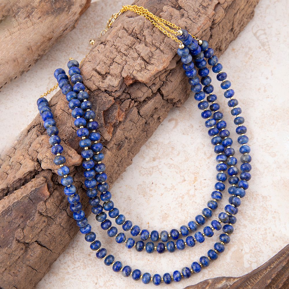 Blue Lapis Triple Strand Golden Necklace Barse Jewelry