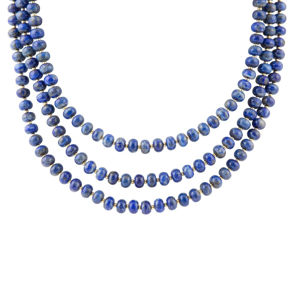 Blue Lapis Triple Strand Golden Necklace Barse Jewelry