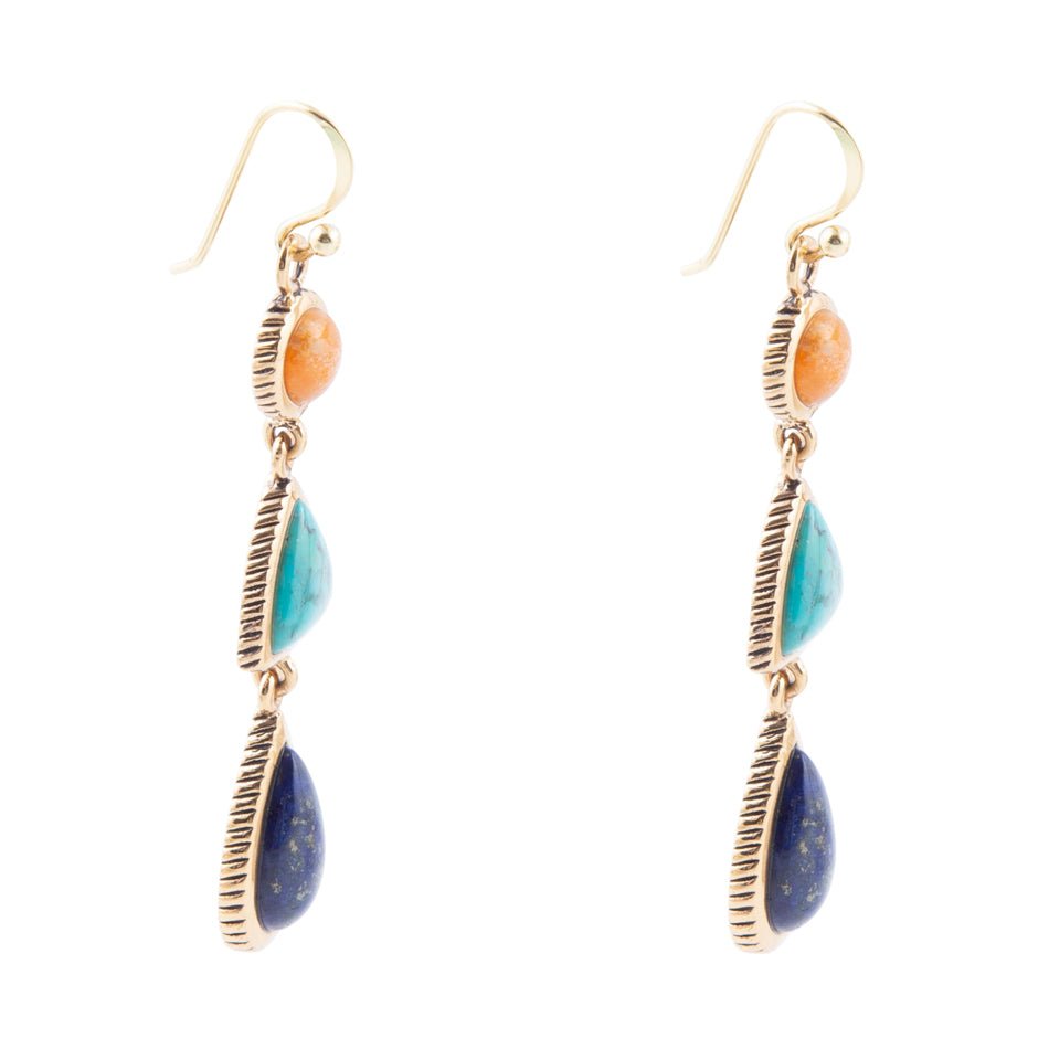 Blue Lapis, Turquoise and Orange Sponge Coral Golden Drop Earrings Barse Jewelry