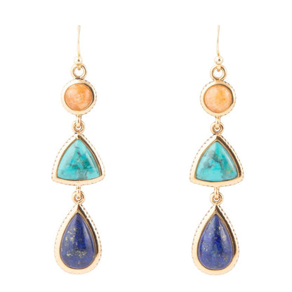 Blue Lapis, Turquoise and Orange Sponge Coral Golden Drop Earrings Barse Jewelry
