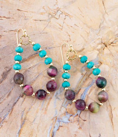 Jeweled Blue Magnesite and Mulicolor Tiger's Eye Golden Drop Earrings Barse Jewelry