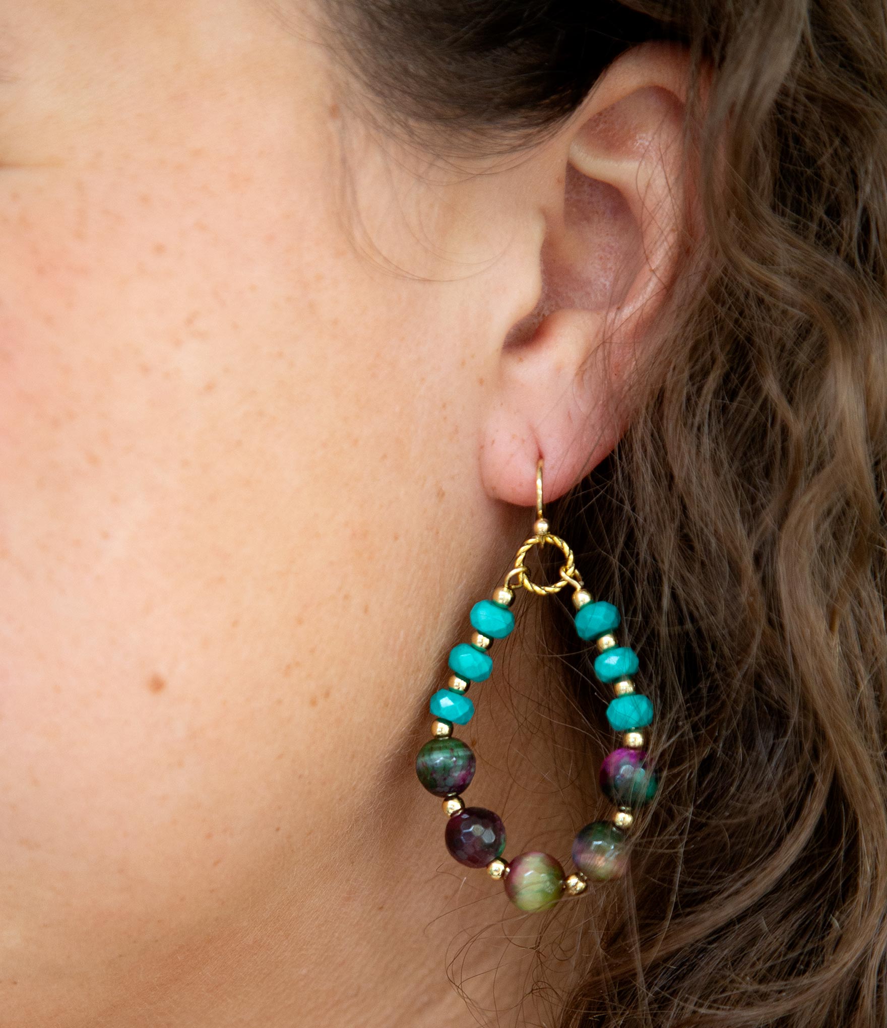 Jeweled Blue Magnesite and Mulicolor Tiger's Eye Golden Drop Earrings Barse Jewelry