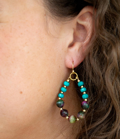 Jeweled Blue Magnesite and Mulicolor Tiger's Eye Golden Drop Earrings Barse Jewelry